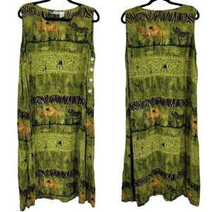 Vintage 80's La Cera Dress Rayon Scoop Button Shift Midi Safari Animals Green XL